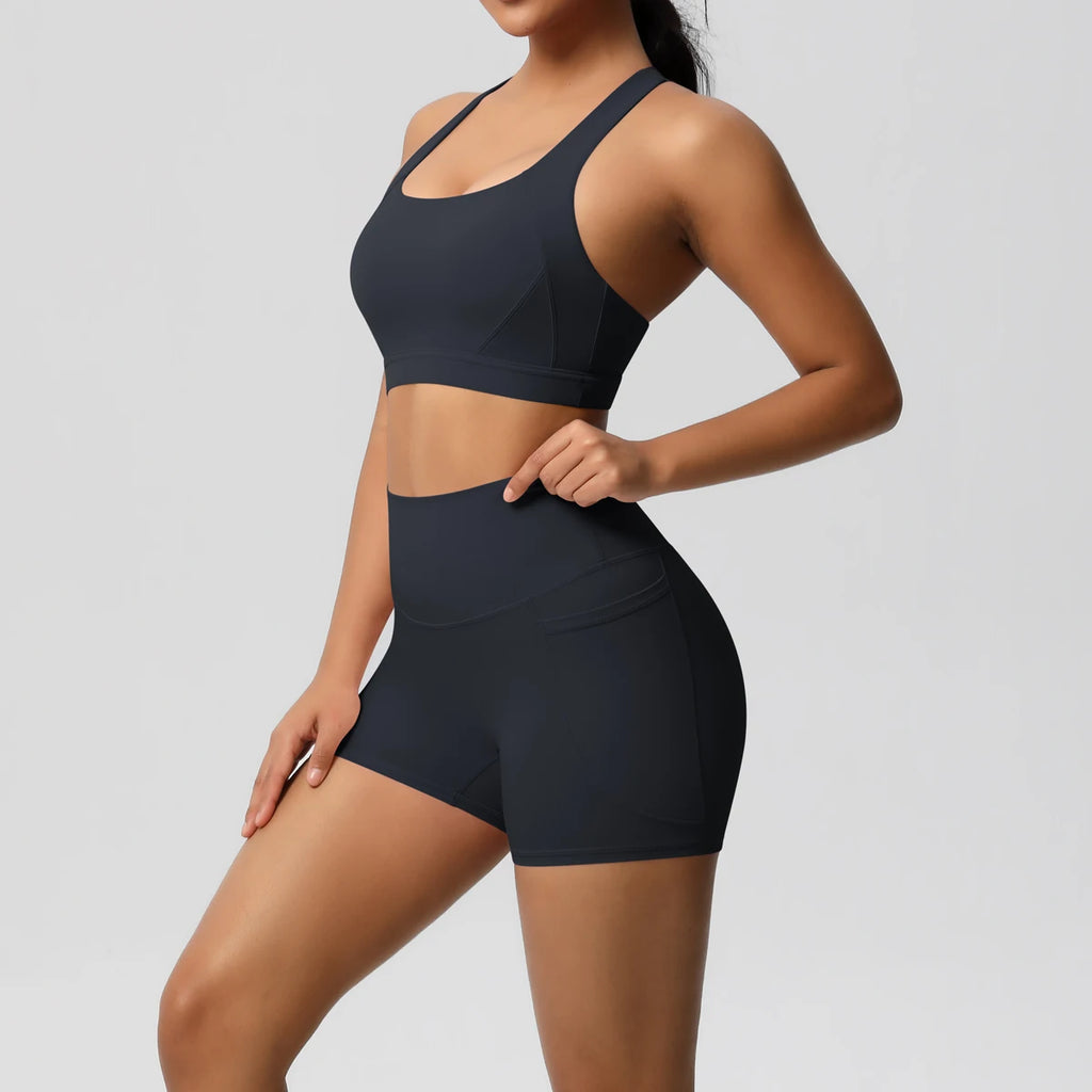 2PCS Sportswear With Pocketed Yoga Set Gym Clothes Yoga Suits For Women Tracksuits Sports Shorts Crossover Bra Gym Leggings