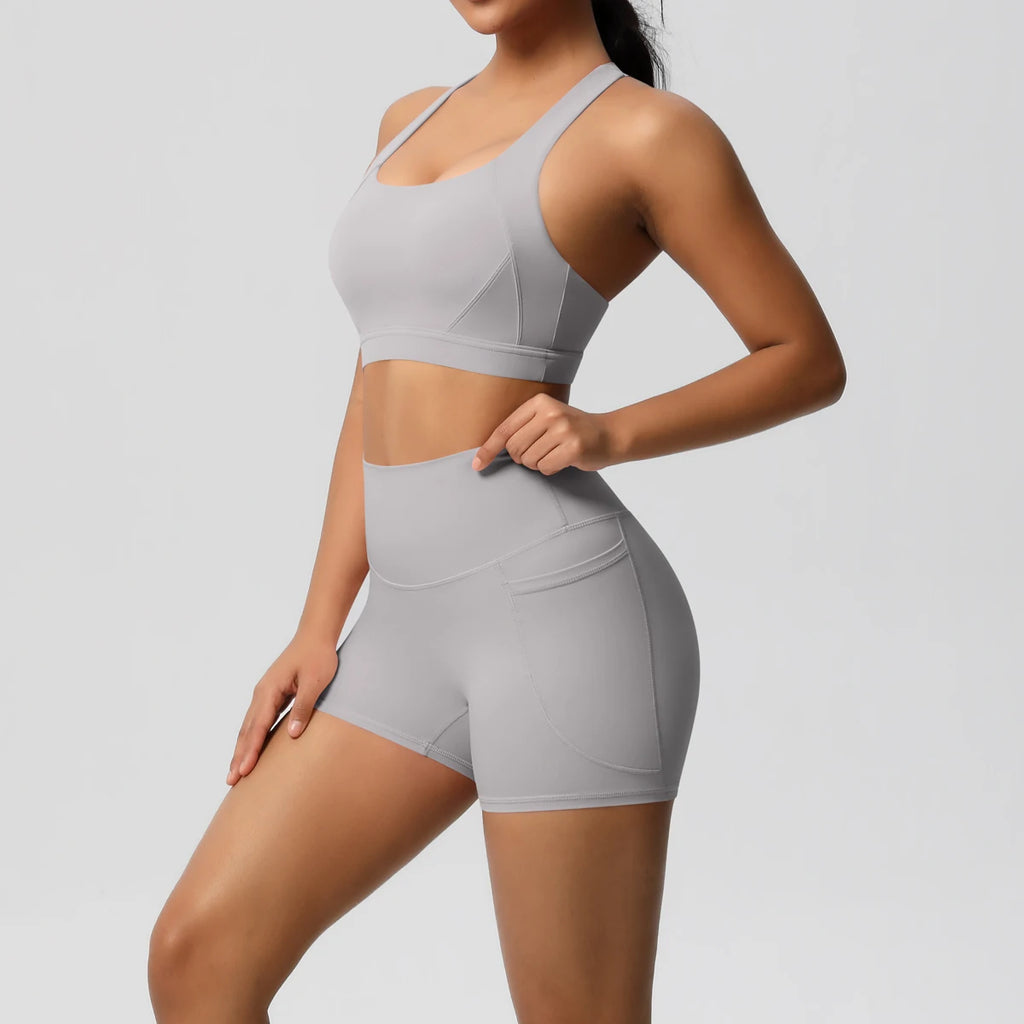 2PCS Sportswear With Pocketed Yoga Set Gym Clothes Yoga Suits For Women Tracksuits Sports Shorts Crossover Bra Gym Leggings