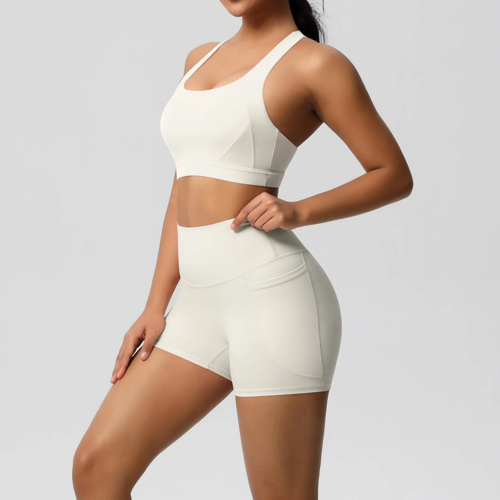 2PCS Sportswear With Pocketed Yoga Set Gym Clothes Yoga Suits For Women Tracksuits Sports Shorts Crossover Bra Gym Leggings