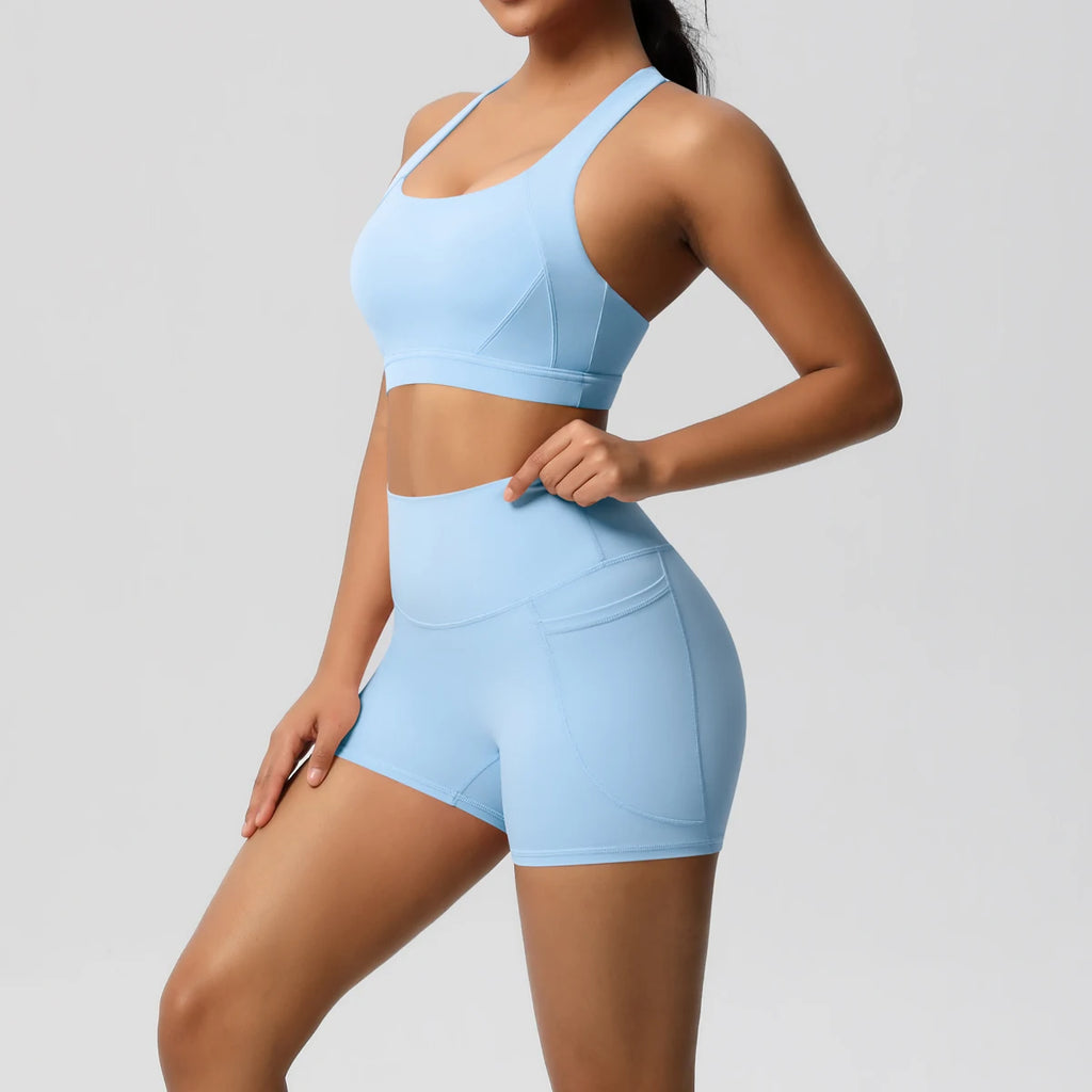 2PCS Sportswear With Pocketed Yoga Set Gym Clothes Yoga Suits For Women Tracksuits Sports Shorts Crossover Bra Gym Leggings
